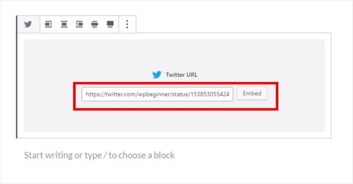 copy twitter url on wordpress block