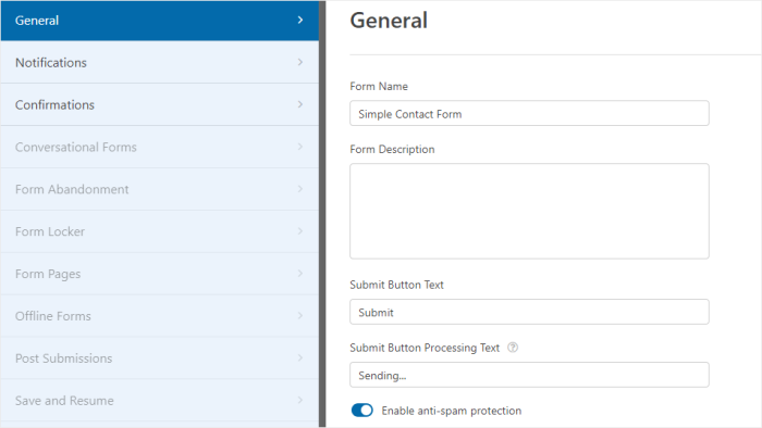 general contact us form settings