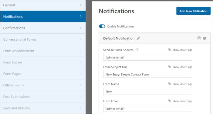 notification options for wpforms