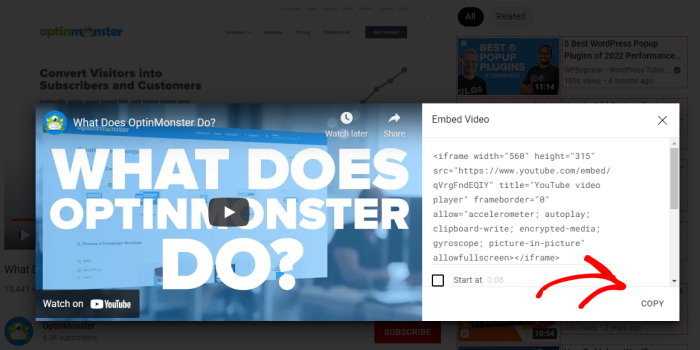 embed button youtube video