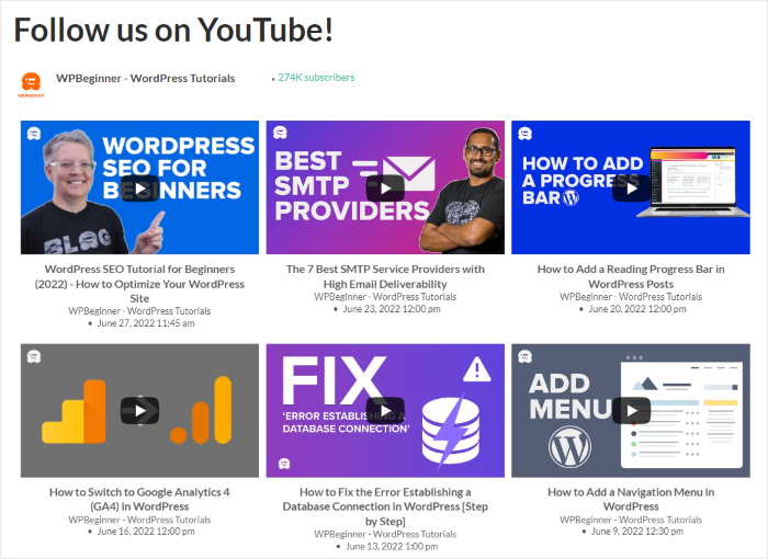 youtube feed example wordpress