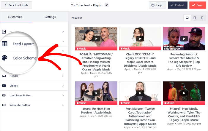 select color scheme options youtube feed pro