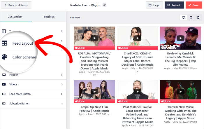 select feed layout option youtube feed pro