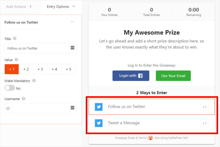 twitter actions for your giveaway