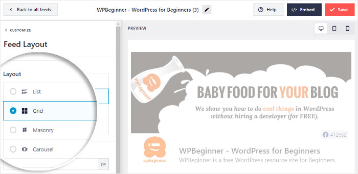 feed layout options facebook social media feed widget