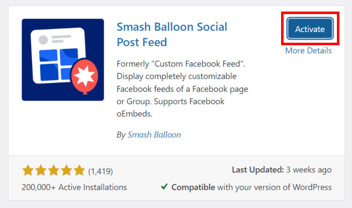 activate the smash balloon social post feed plugin
