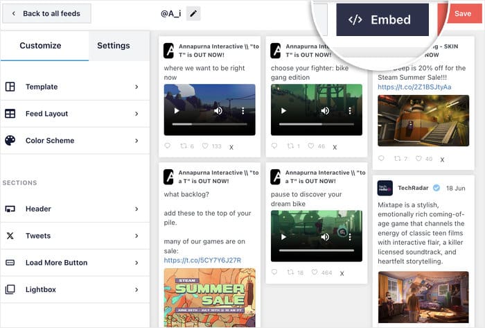 click on embed button on twitter feed
