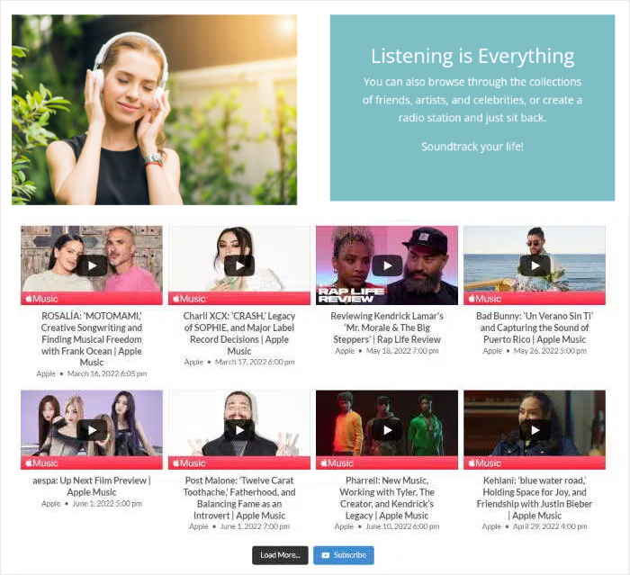 example of youtube feed on divi website