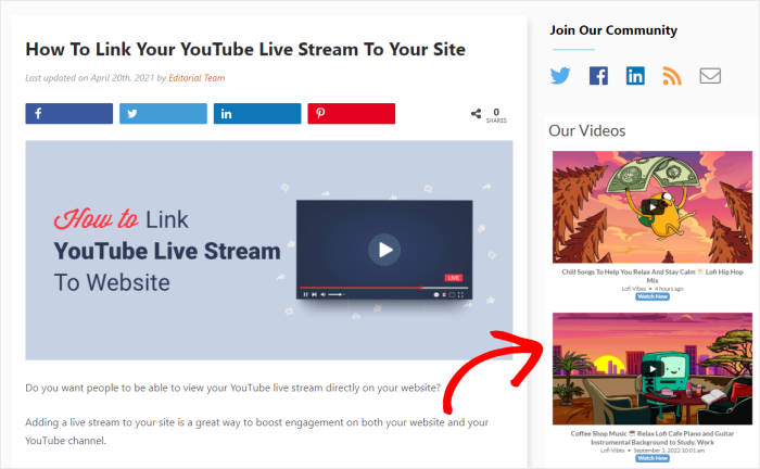 example of youtube livestream widget