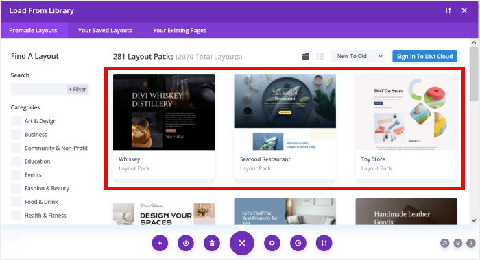 load layout pack from library divi