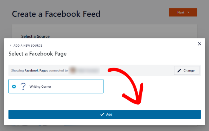 select facebook page as source