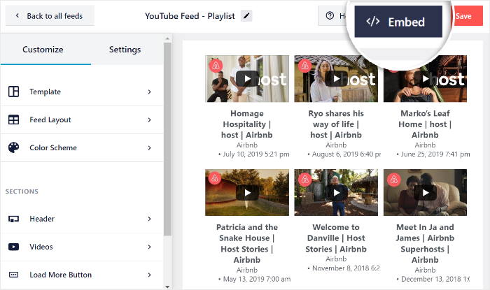 click on embed button youtube feeds pro