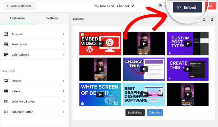 embed button for your youtube channel feed