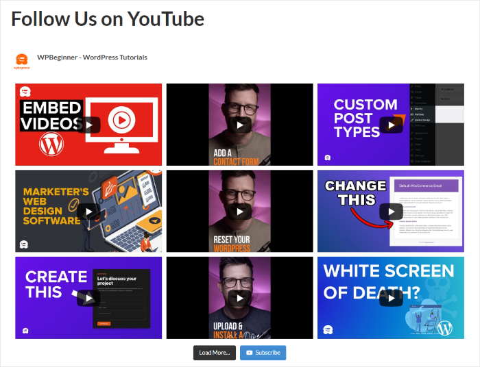 example of youtube channel feed on website
