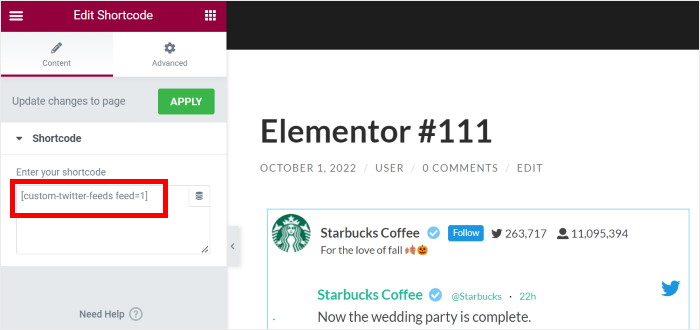 paste your twitter shortcode elementor