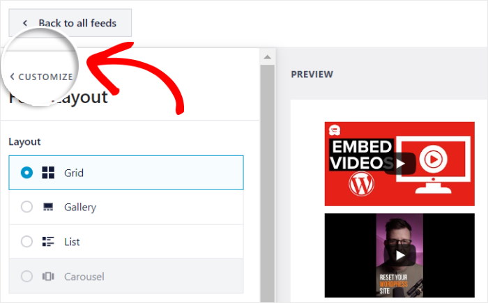 return to main customization options youtube feed