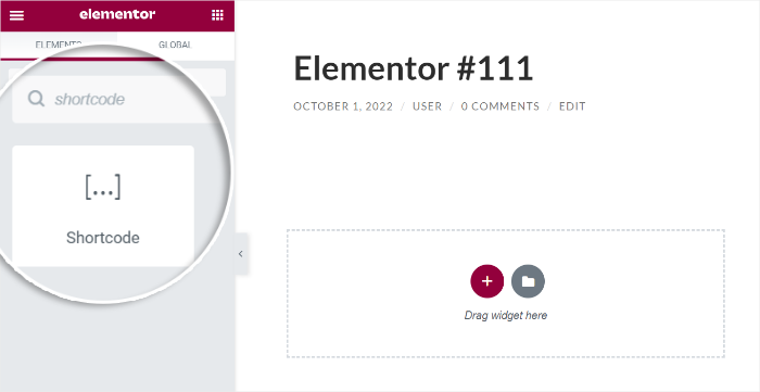 search for shortcode block elementor