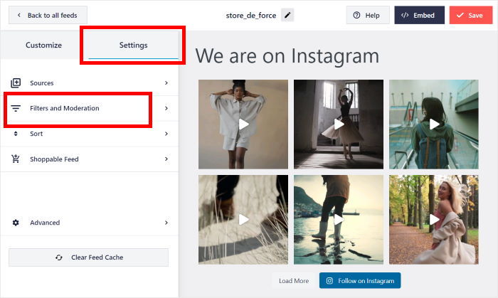 open filters and moderation settings instagram feed pro