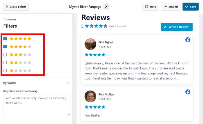 select facebook filters reviews feed pro