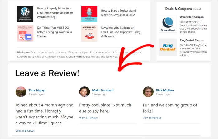 leave reviews on the footer facebook