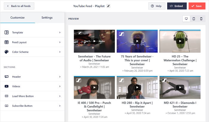 live feed editor embed youtube playlists
