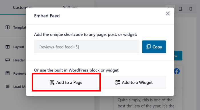add to a page widget reviews feed pro