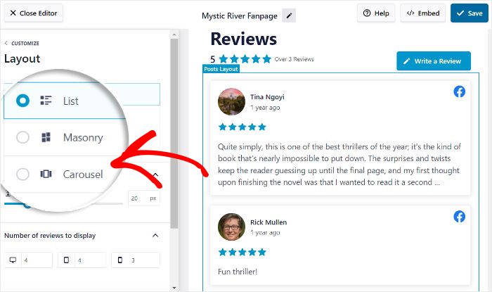 enable carousel layout facebook reviews feed