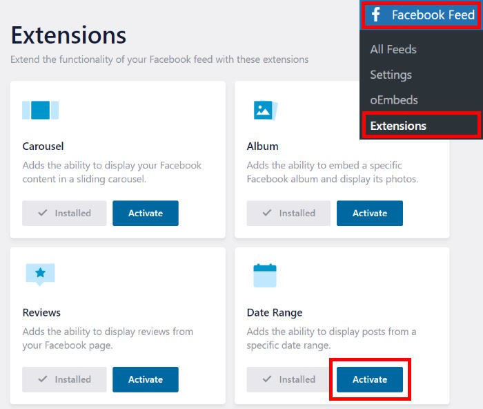enable date range extension facebook feed pro