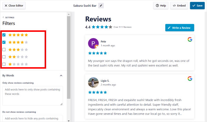 filters for google reviews feed