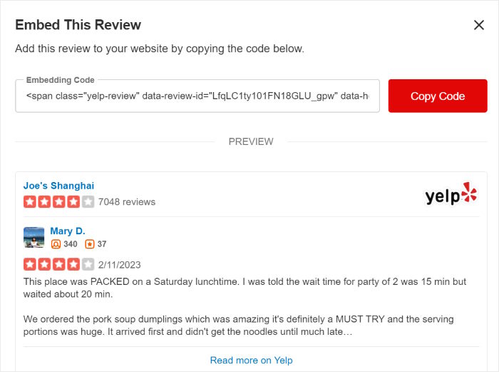 manually embed yelp review