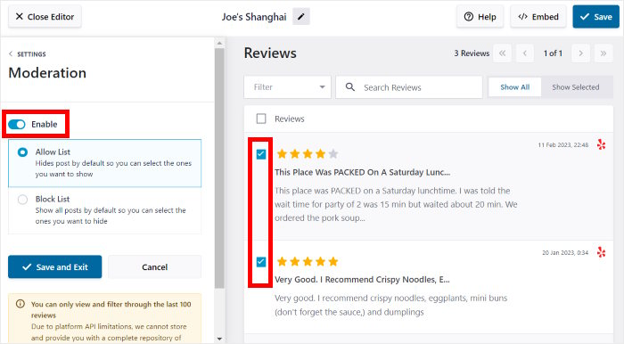 moderation features reviews feed pro