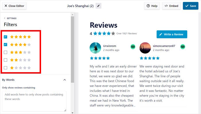 select filters tripadvisor reviews feed