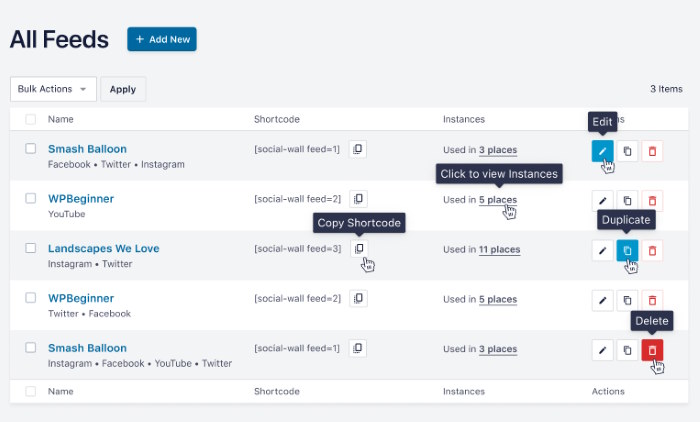 actions all feeds dashboard