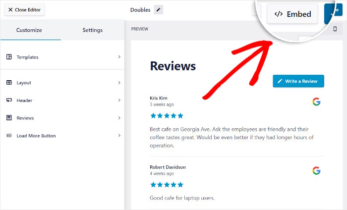 click on embed button reviews feed lite
