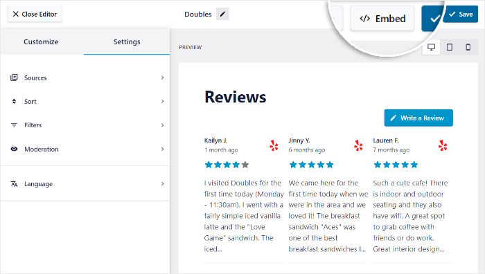 embed button reviews feed lite