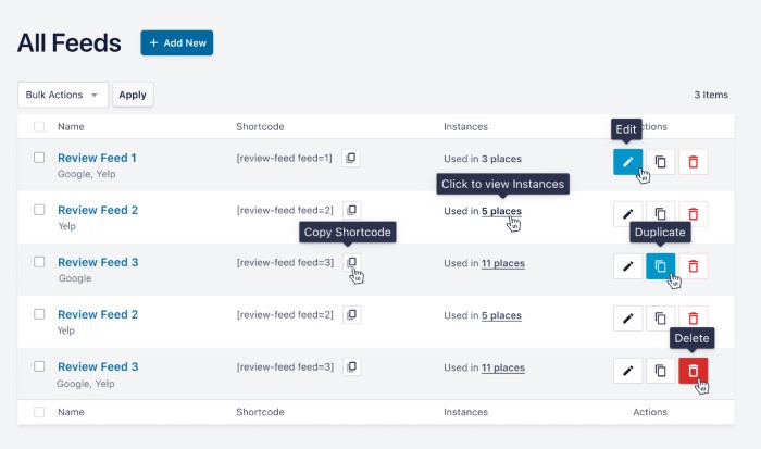 manage review feeds all feeds dashboard