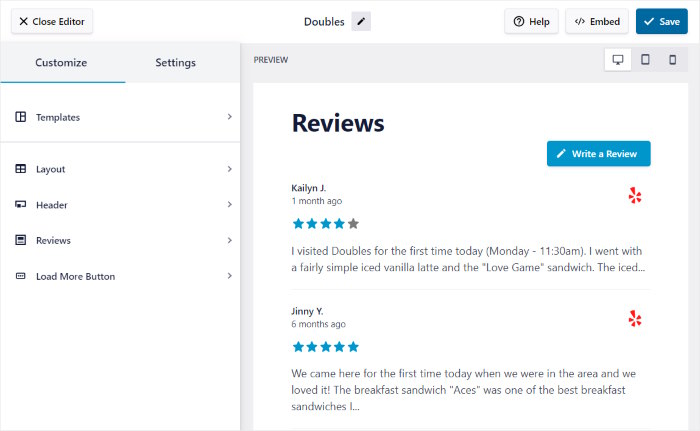 reviews feed lite visual customizer