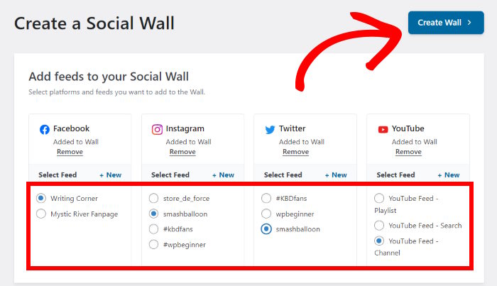 select feeds for your social wall