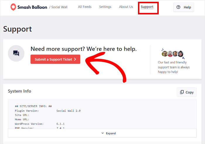 send support ticket social wall pro