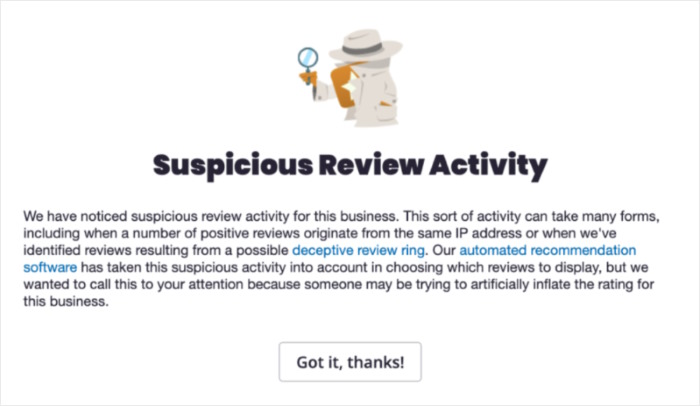 suspicious review banner yelp
