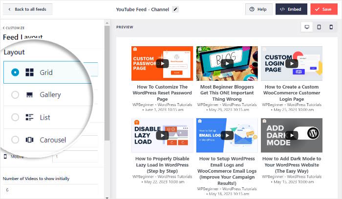 select your feed layout option youtube feed pro