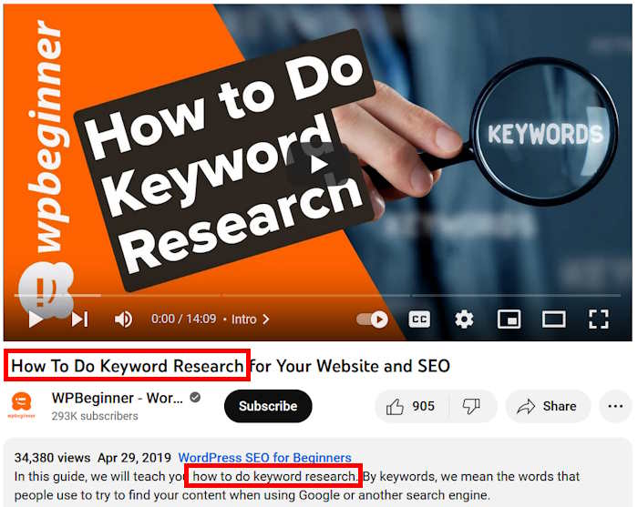 example adding keywords to youtube videos