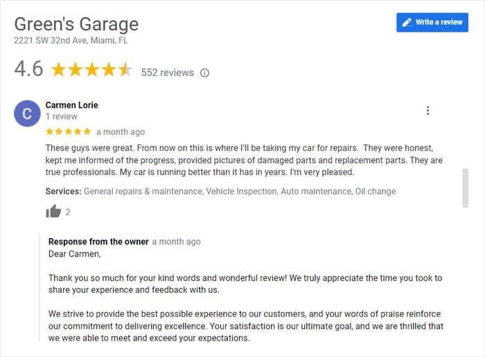 google review response example