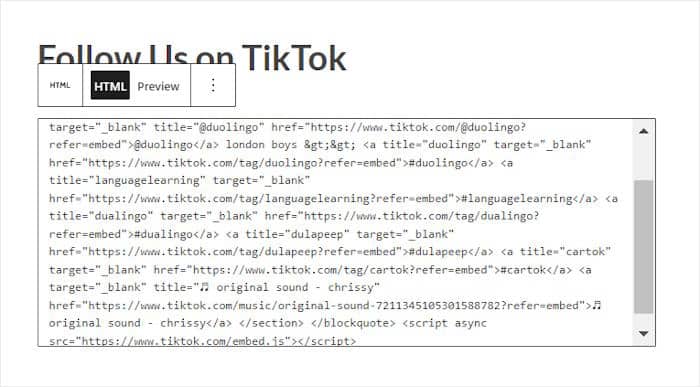 add embed code to custom html block tiktok