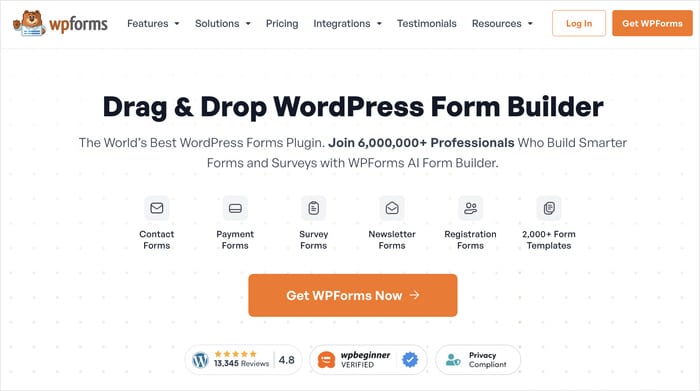 wpforms homepage with number of users