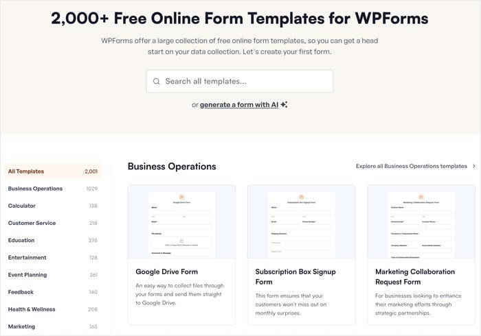 wpforms select template page