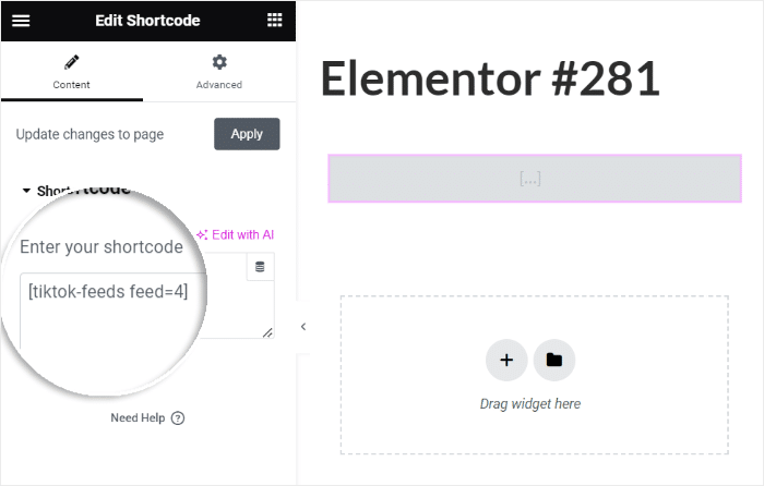 enter shotcode elementor tiktok