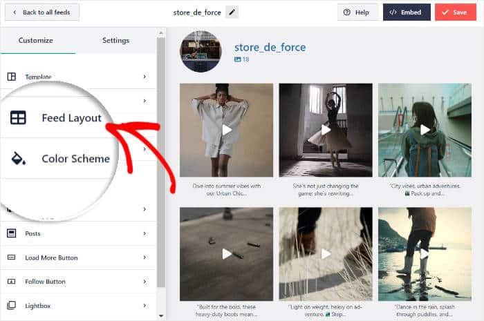 select feed layout instagram feed plugin