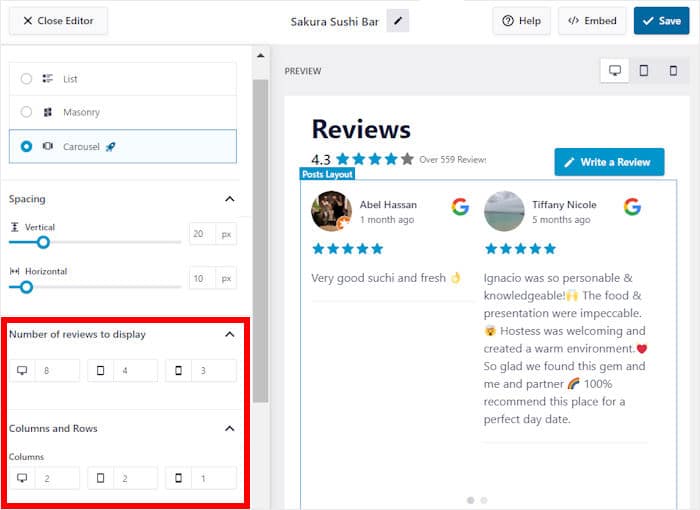 change more layout options google reviews slider