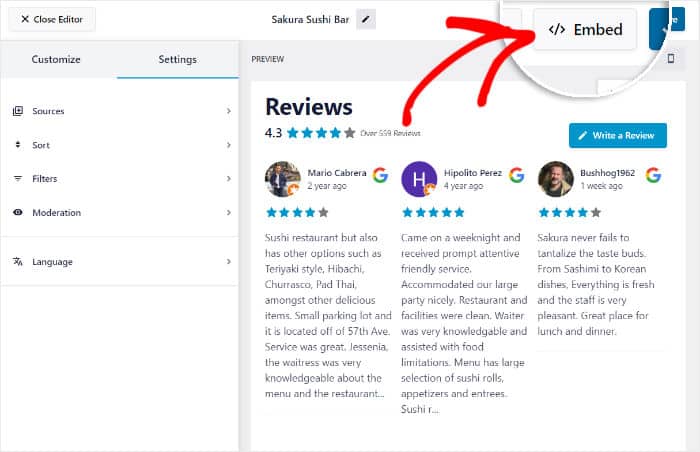embed button google reviews slider